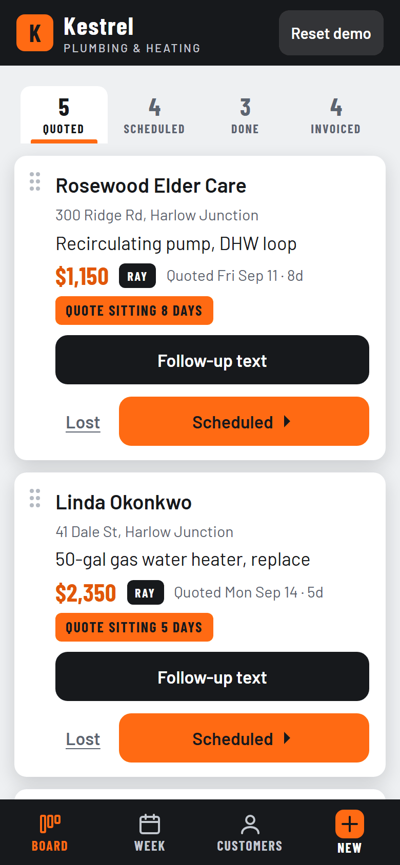 A plumbing company's job board on a phone: the Quoted column, with a quote that has been sitting three days flagged for a follow-up.